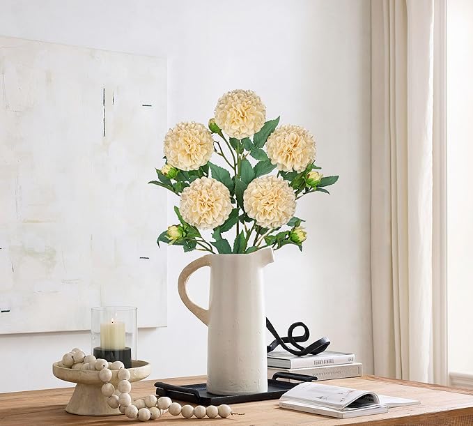 Hollyone 5PCS Dahlia Artificial Flowers 24.8" White Fake Ball Dahlias Silk Flowers Faux Roses Flower with Long Stems for DIY Wedding Bouquets Table Centerpieces Arrangements Bridal Party Home Decor