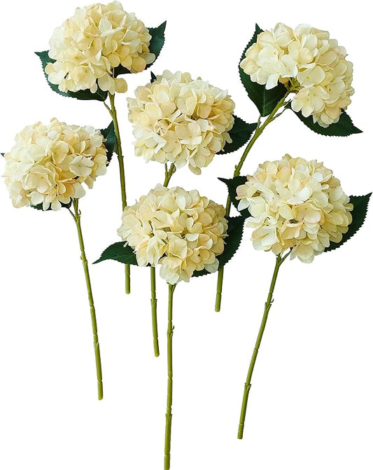 Hydrangea Artificial Flowers,6 Pcs Faux Hydrangea Flowers,Artificial Hydrangeas Flowers with Stems,Fake Hydrangeas,Silk Hydrangeas Flowers with Stems for Home Decor (6, Champagne)