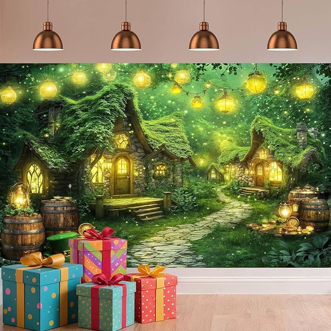 20X10ft St. Patrick's Day Backdrop Magic Enchanted Forest Green House Lucky Irish Shamrock Gold Coins Wonderland Photography Background for Kids Girls Party Decoration Cake Table Photo Booth Props
