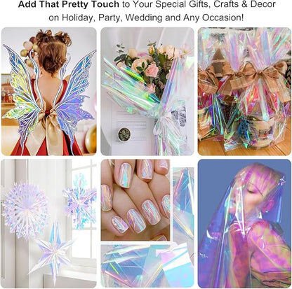 34 in x 66 Ft Iridescent Cellophane Wrap Roll - Extra Wide Cellophane Paper - Iridescent Transparent Cellophane Roll Plastic Wrap for Gift Baskets, Treats, Crafts, Party & Christmas Gift Wrapping