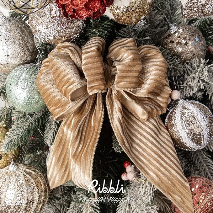 Ribbli Glossy Khaki Velvet Wired Ribbon 4 Inch Striped Velvet Christmas Ribbon for Gift Wrapping Christmas Tree Decoration Crafts Wreaths Supplies-Continuous 10 Yards