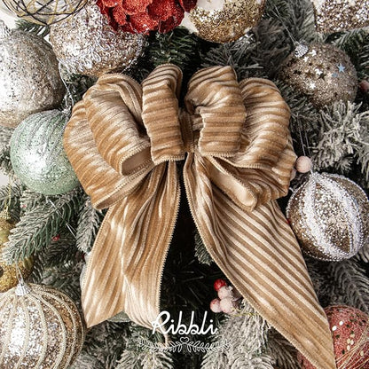 Ribbli Glossy Khaki Velvet Wired Ribbon 4 Inch Striped Velvet Christmas Ribbon for Gift Wrapping Christmas Tree Decoration Crafts Wreaths Supplies-Continuous 10 Yards