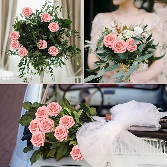 100PCS Artificial Flowers Pink Roses Real Looking Foam Fake Roses with Leaves and for DIY Wedding Bouquets Bridal Shower Centerpieces Party Decorations (Pink, 100)