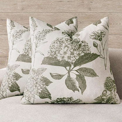 Foindtower Set of 2 Linen Floral Throw Pillow Covers Neutral Vintage Print Decorative Cushion Covers Farmhouse Boho Home Decor for Sofa Chair Couch Bedroom Living Room,24×24 Inch,Sage Green