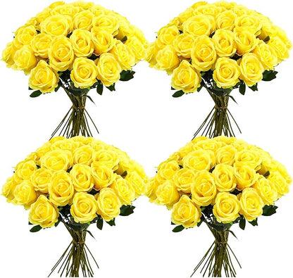 36 Pcs Silk Yellow Rose Bouquet Bridal Artificial Flowers,Fake Rose Long Stem Realistic Flowers Bulk for Wedding Bouquet Ball Arrangement Centerpiece Party Decor