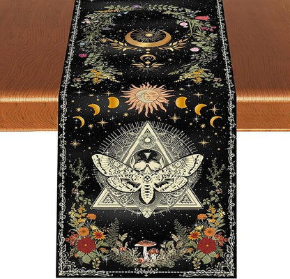 Gothic Moth Table Runner, Boho Gothic Sun Moon Phase Wildflower Mystical Witchy Farmhouse Coffee Table Center Decor for Home Kitchen Dining Patio Holiday Party Table Decorations 13x108 inches