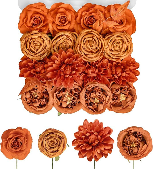 TINGE TIME Artificial Flowers Combo Box Set 16PCS Fake Rose Silk Flower with Stem for DIY Wedding Bouquets Centerpieces Baby Shower Party Home Fall Decoration (Blood Orange & Burnt Orange)