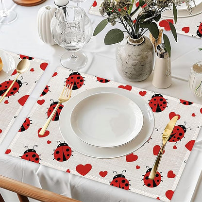 Ladybug Placemats Set of 6,Red Heart Dinner Table Mats Non-Slip Washable Mats for Kitchen Dinner Party Tablemat 12x18Inch