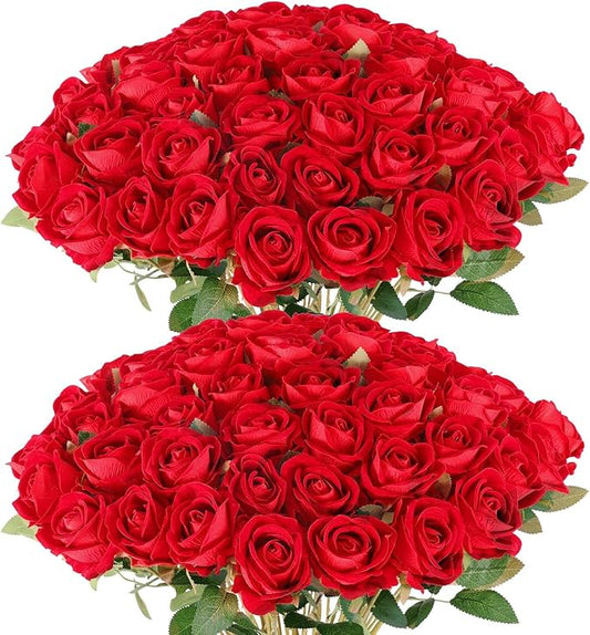 60 Pcs Artificial Roses Bulk Velvet Silk Roses Red Rose Flowers for Wedding Centerpieces Bridal Bouquet Mohter's Day Valentine's Day Christmas Home Decor (60, Red)