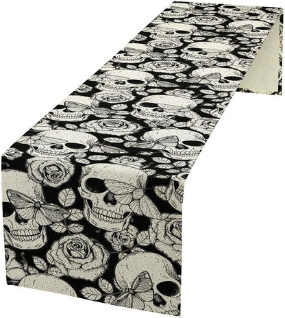 Gothic Table Runner,Black White Skeleton Flower Moth Print Table Runner for Home Kitchen Table Dining Garden Farmhouse Wedding Party Decor 13x60 Inch