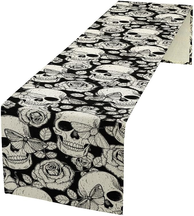Gothic Table Runner,Black White Skeleton Flower Moth Print Table Runner for Home Kitchen Table Dining Garden Farmhouse Wedding Party Decor 13x90 Inch