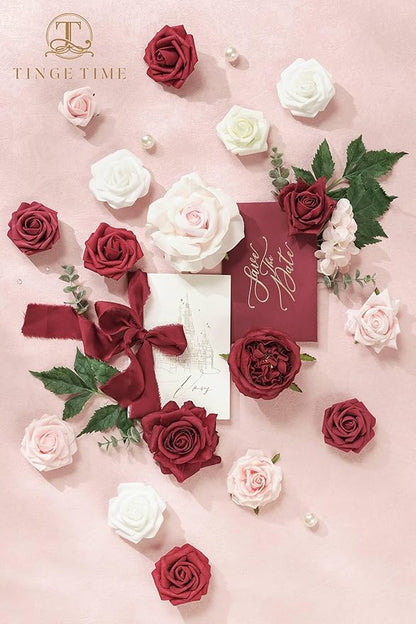 TINGE TIME Artificial Flowers Red & Blush Pink Flower Combo for DIY Wedding Bouquets Table Centerpieces Arrangements Party Baby Shower Home Decorations