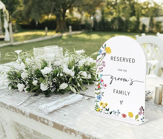 Acrylic Wedding Signs Reserved Table Sign for Reception, Reserved for The Groom's Family, 6x8" Floral Themed Arch Acrylic Table Decor, Love Is In Bloom Decorations for Bridal Shower Engagement
