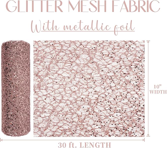 MEEDEE Rose Gold Glitter Mesh Web Ribbon 10 Inch Wide by 10 Yards Roll Rose Gold Fabric Ribbon Decorative Mesh Ribbon for Christmas Tree, Garland, Holiday Wreaths, Bows, Home Decor