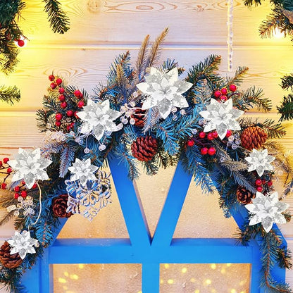 24 Christmas Glitter Artificial Poinsettia Flowers Xmas Poinsettia Artificial Wedding Flowers Decorations Xmas Tree Ornaments with Clips for Party Favors, 6 Inch, 4 Inch, 3 Inch (Silver and White)