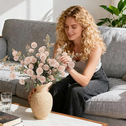 Geegoods Beige Pompon Mum Artificial Flowers with Eucalyptus – 10pcs, 21’’ Long Stems Fake Flowers for Vase Floral Arrangements Christmas Table Centerpieces Bouquets & Rustic Home Décor