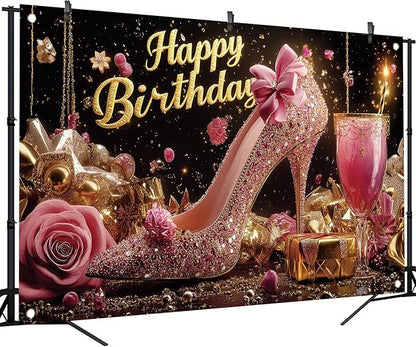 Luxury High Heel Birthday Backdrop Banner Pink Glitter Shoe Photography Background Rose Gold Decor for Women Girls Party Decorations Fashion Booth Studio Props 71 x 43 Inch