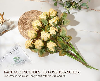 Rose Artificial Flower 28pcs Realistic Faux Silk Roses Fake Flowers Bouquets Arrangements Decor for Wedding Spring Mother's Day, Home Table Decorations, Yellow Flower