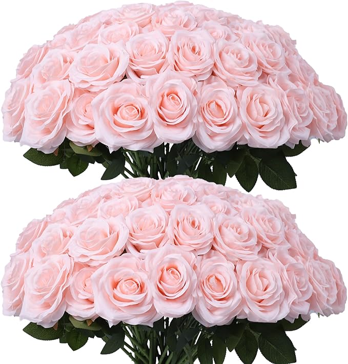 Artificial Rose Flower Blush Flowers Pink Roses Silk Flowers 50 pcs with Long Stem Silk Roses Bouquet for Wedding Bridal Shower Party Home Decoration