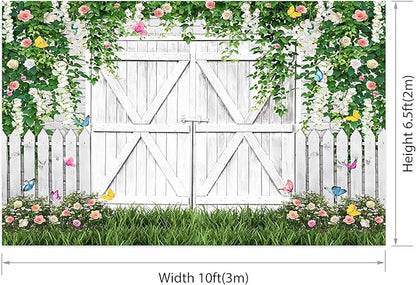 AOFOTO White Barn Door Floral Backdrop 10x6.5ft Spring Garden Background Banner Green Leaves Flowers Butterfly Wooden Door Backdrops Birthday Bridal Shower Wedding Banner Photo Booth Studio Props