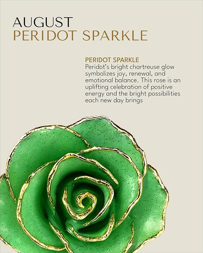 Forever Rose Hand-Dipped in 24K Gold, Peridot-Inspired August Birthstone with Sparkles, Real Rose in Luxury Gold Gift Box – Perfect Ready to Gift for August Birthday or Any Occasion