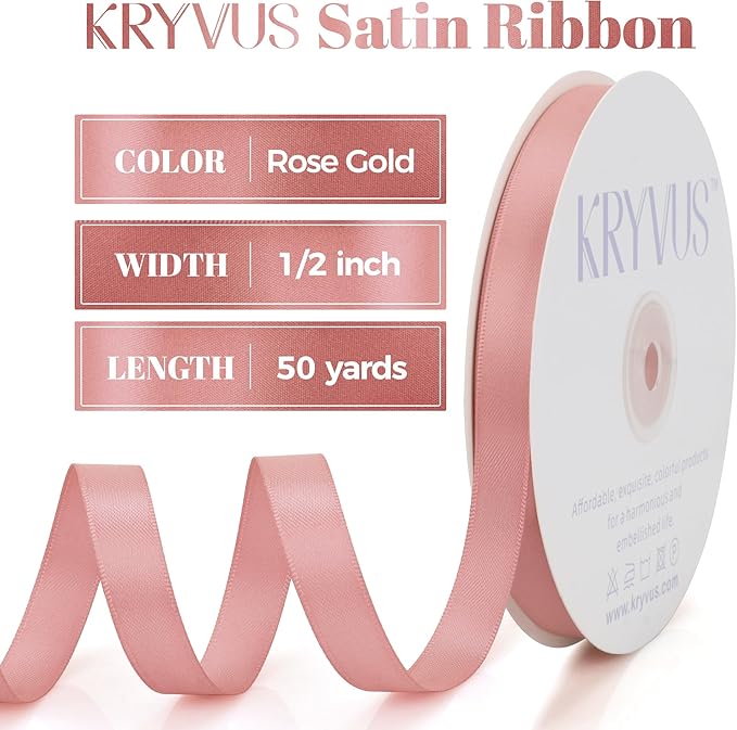 Rose Gold Satin Ribbon, Double Faced 1/2 Inch X 50 Yards Rose Gold Ribbon, Premium Satin Ribbon for Gift Wrapping, Crafts, Hair Bow Making, Sewing, Flower Bouquet, Wedding Party Decor