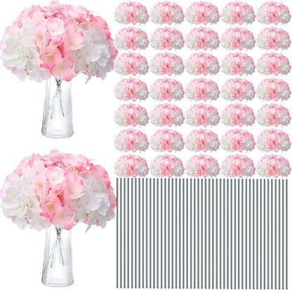 Unittype Silk Hydrangea Artificial Flowers Heads with Stems Faux Hydrangea Flowers for Wedding Centerpieces Bouquets DIY Floral Decorations for Home Indoor(White and Pink,200 Pieces)