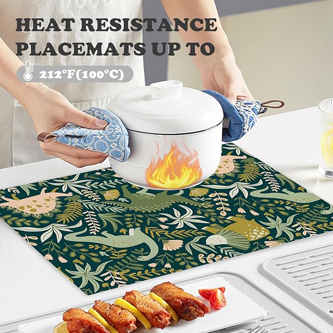 Placemats Set of 4 Dinosaurs and Tropical Leaves Dining Place Mats Linen Table Mat for Farmhouse Home Kitchen Decor 12 X 18 Inch