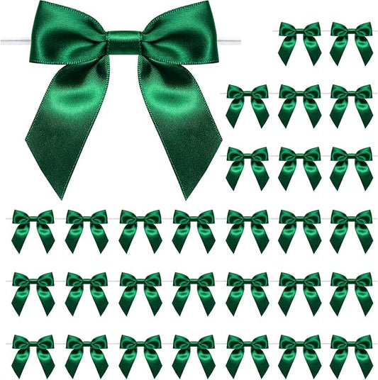 WRAPAHOLIC 30 Pcs 3" Green Satin Ribbon Bows with Twist Tie - Pretied Premade Craft Bows for Christmas Party Crafts Treat Bags Gift Wrapping Wedding Birthday Baby Shower