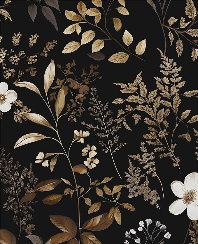 Boho Floral Wallpaper Peel and Stick Black Gold Wallpapers 17.5'' x 393'' Vintage Gold Leaf Contact Paper for Cabinets Waterproof Self Adhesive Removable Wall Paper for Kitchen Table Countertop Walls