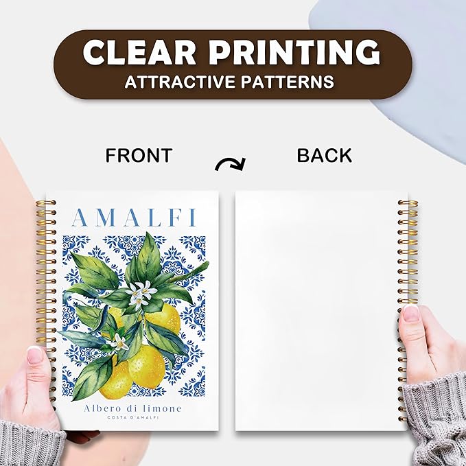 VIIJJUE Italian Amalfi Coast Lemon Notebook Journal, Blue and White Floral Mediterranean Tiles Lemons Tree Gifts Notebook, Hardcover Spiral Journal 5.5x8.3 Inch