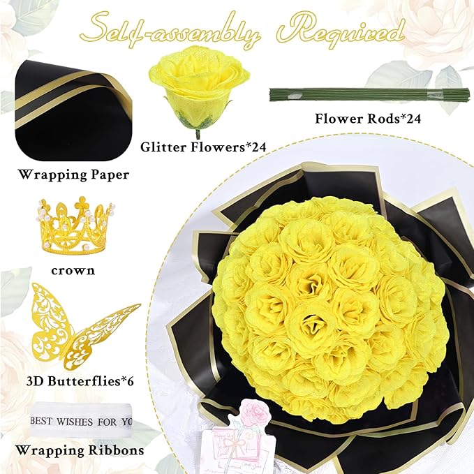 Waipfaru Glitter Roses Bouquet, DIY Yellow Fake Flowers Bouquet, Birthday Gifts for Women Mom, 24 Pcs Rose for Grandma Wife Girlfriend Valentines, Mothers Day, Anniversary, Graduation