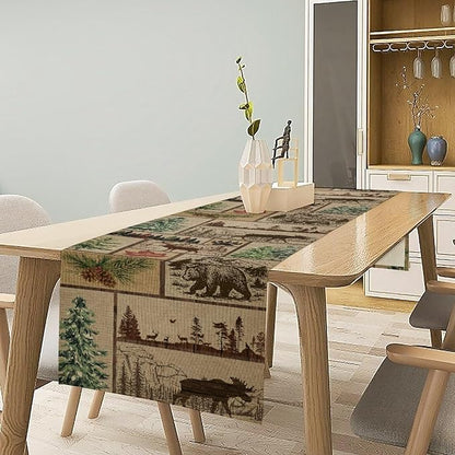 Rustic Cabin Table Runner, Farmhouse Deer Bear Retro Pine Forest Wooden Plank Wild Animal Seasonal Coffee Table Center Decor for Home Kitchen Dining Holiday Party Table Decorations 13x108 inches