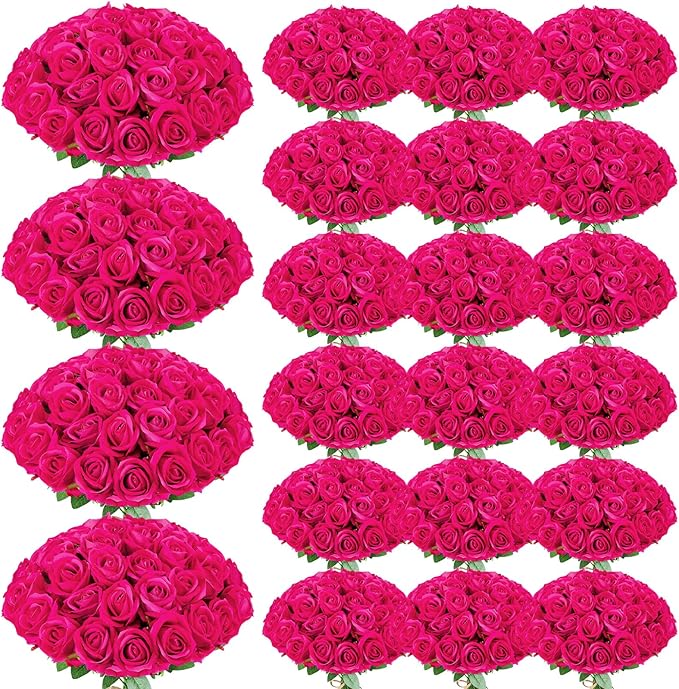 150 Pcs Roses Artificial Flowers, Silk Hot Pink Artificial Flowers Petals Long Stem Roses for Wedding Bouquet Home Party Decor