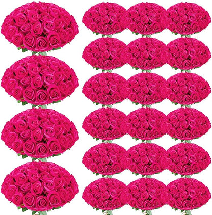 150 Pcs Roses Artificial Flowers, Silk Hot Pink Artificial Flowers Petals Long Stem Roses for Wedding Bouquet Home Party Decor
