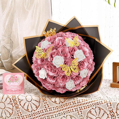 36+20 Glitter Roses Bouquet, DIY Fake Flowers Bouquet, Craft The Initials of Your Loves' Name with Artificial Rose for Valentines, Anniversary, Wedding, Rose Gold & White