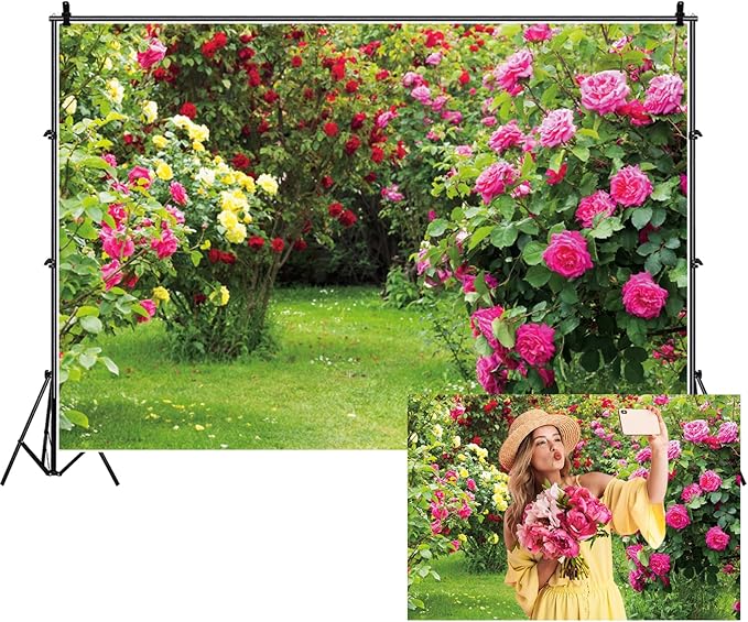 Renaiss 9x6ft Spring Garden Backdrop Red Pink Rose Flower Park Floral Green Leaf Grass Natural Landscape Photography Background for Wedding Bridal Shower Party Decor Photo Booth Props