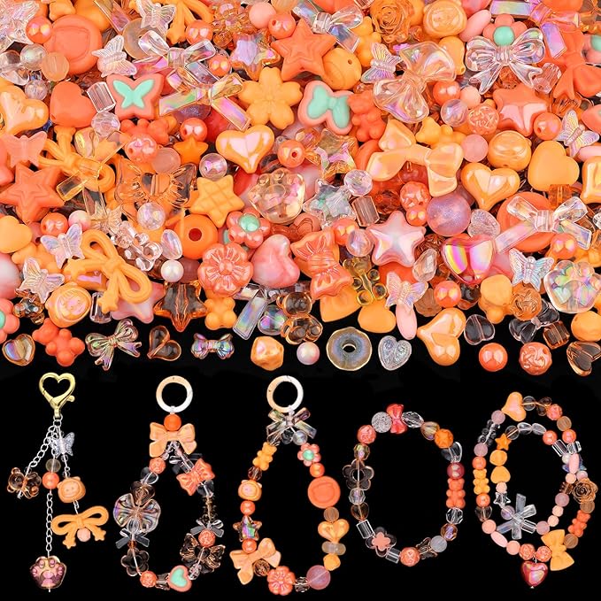 Assorted Acrylic Beads, 200-260PCS Orange Cute Beads for Bracelet Making, GummyBear Bow Flower Candy Kawaii Charms for Jewelry Making DIY Necklace Keychain Phone Charm Christmas Gift