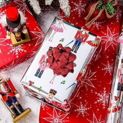 MAYPLUSS Christmas Nutcracker Wrapping Paper - 17 Inch X 33 Feet - Metallic Christmas Gift Wrapping Paper Featuring Holly Cute Ballet Girl Reversible Snowflakes for Holiday Party New Year Kids