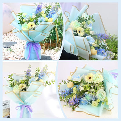 YIDATIKER 20 sheet Flower Wrapping Paper,waterproof floral wrapping paper for bouquets,DIY Florist Supplies Packaging Paper with satin ribbon for Wedding,Birthday,Valentine's Day(Light Blue)