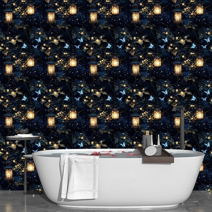 Dark Wallpaper Peel and Stick Night Forest Contact Paper Vintage Green Leaf Wall Paper Vinyl Waterproof Self Adhesive Retro Lantern Butterfly Walls Mural for Bedroom Cabinet Table Décor17.5" x 118"