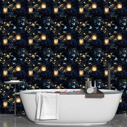Dark Wallpaper Peel and Stick Night Forest Contact Paper Vintage Green Leaf Wall Paper Vinyl Waterproof Self Adhesive Retro Lantern Butterfly Walls Mural for Bedroom Cabinet Table Décor17.5" x 118"