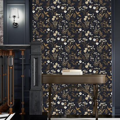 Dark Floral Wallpaper Peel and Stick 17.5in x 78.7in Navy Gold Leaf Wallpaper Vinyl Waterproof Self-Adhesive Dark Blue Botanical Wall Paper Mural for Bookcase Bedroom Cabinet Decor