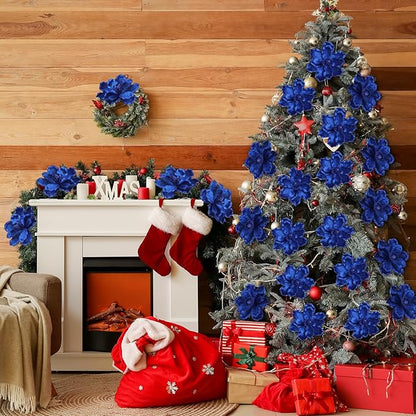 20 Pcs Christmas Glitter Poinsettia Magnolia Flowers Ornaments Large Heads Artificial Magnolia Flowers for Christmas Tree Xmas Wreath Holiday Wedding Decor(Dark Blue)