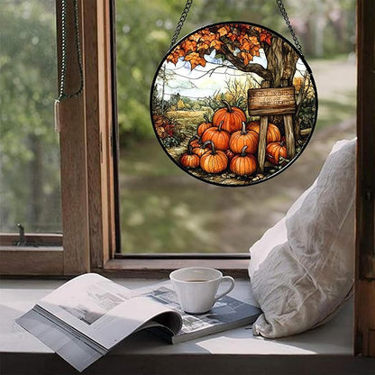 Stained Glass Window Hanging Fall Farm Scenery Maple Trees Pumpkin 6.3" - Suncatcher Door Garden Kitchen Sun Catcher Autumn Decor Birthday for Mom Nana Men Woman Friend