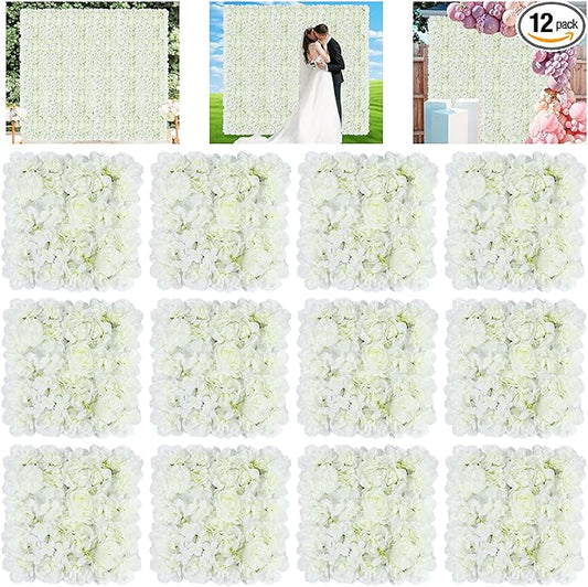 FUHSY Flower Wall Backdrop White Rose Wedding Backdrop 3D Floral Wall 12 PCS 15X15 Inch Artificial Flower Wall Panels Flower Photo Background for Bridal Shower Party Arrangement Event Decorations