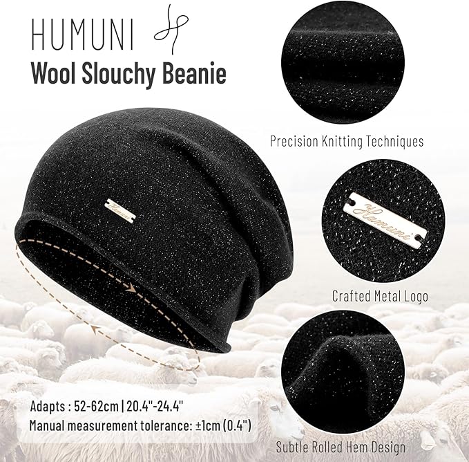 100% Wool Slouchy Beanie, Warm Beanie Hats for Women Breathable Knitting Skull Beanies Cap for Spring Fall Winter