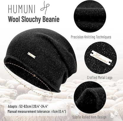 100% Wool Slouchy Beanie, Warm Beanie Hats for Women Breathable Knitting Skull Beanies Cap for Spring Fall Winter