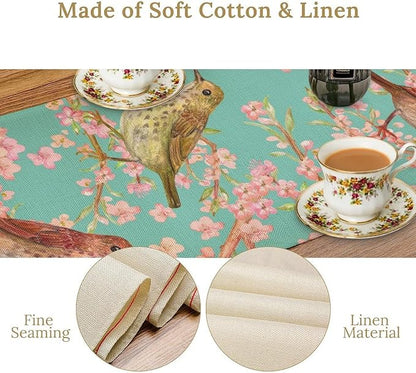 Table Runner with Flowers and Birds, Spring Plant Flowers Table Decoration Linen Table Runner Family Party Party Decorations 13x90 Inches