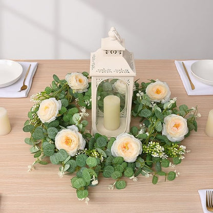 Dolicer 4Pcs 26Ft Artificial Eucalyptus Garlands with Flowers, Faux Floral Greenery Garlands Fake Flowers Vines for Wedding Centerpieces Arch Party Ceremony Backdrop Decor (Champagne)